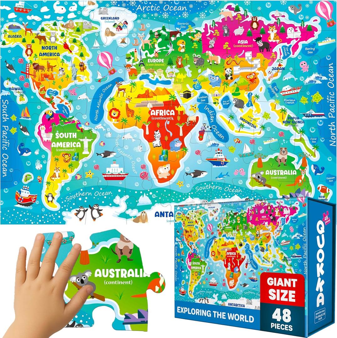QUOKKA Giant Floor Puzzle for Kids Ages 4-6  2x3 Feet Extra-Thick 48 Pieces Toddler Puzzle Ages 3-5  World Map Educational Activity for Boys Girls  Premium Box with Sturdy Handle & Magnetic Closure