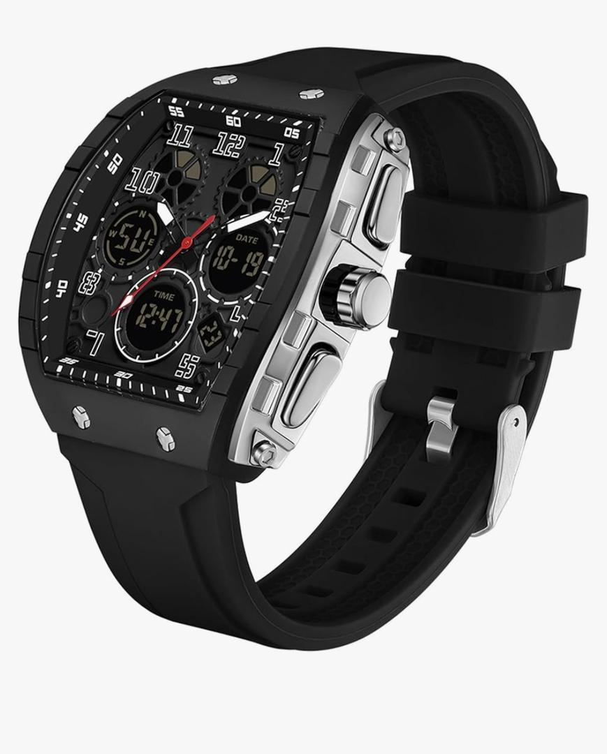 Watches for Men Unique Rectangle Relojes para Hombres Black Wristwatch with Digital Analog Dual Time Display Countdown Stopwatch Punk Cool Design 5ATM Waterproof