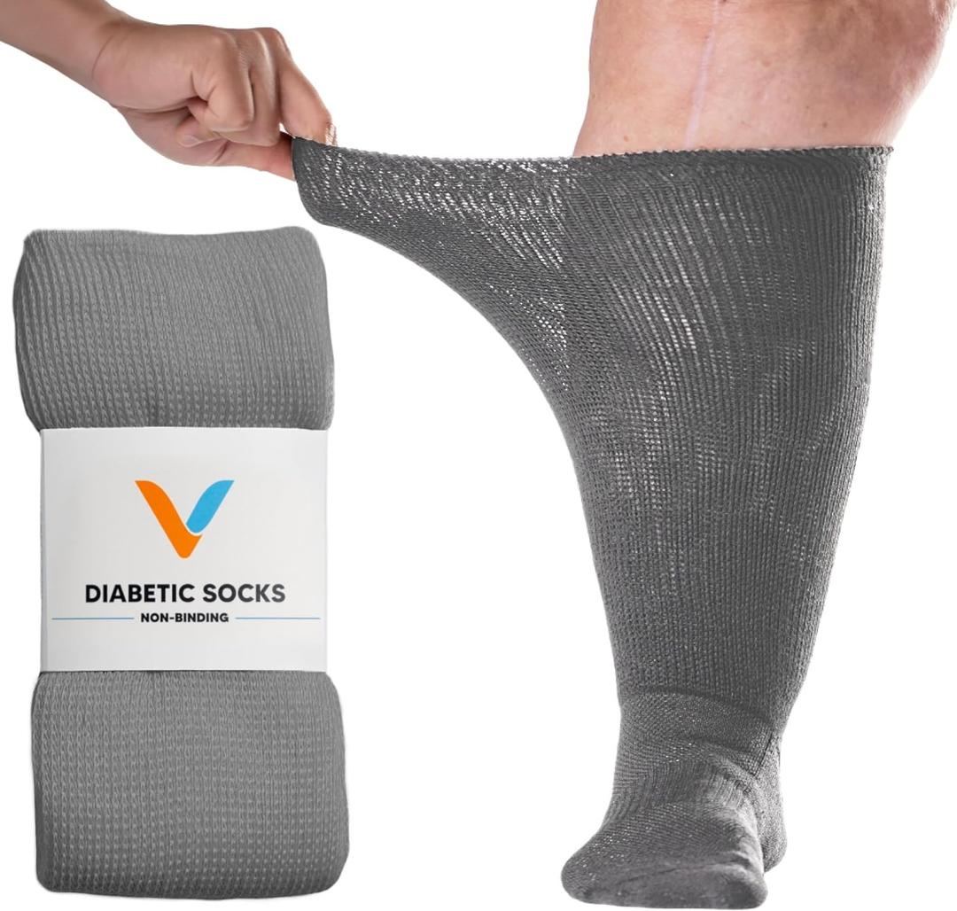 Viasox EasyStretch Diabetic Socks for Men & Women, Non Binding Top, Seamless Toe, Loose Fit (Gray, X-Large)