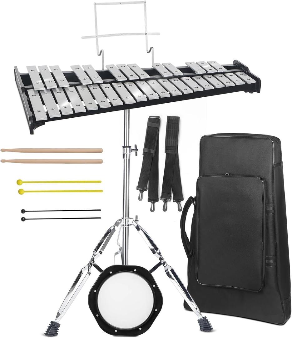 Professional 32 Note Glockenspiel Xylophone Bell Kit for beginner :Muted Practice Pad Percussion Kit for Adult, with Three Types of Drumsticks, Adjustable Stand&Carrying Bag