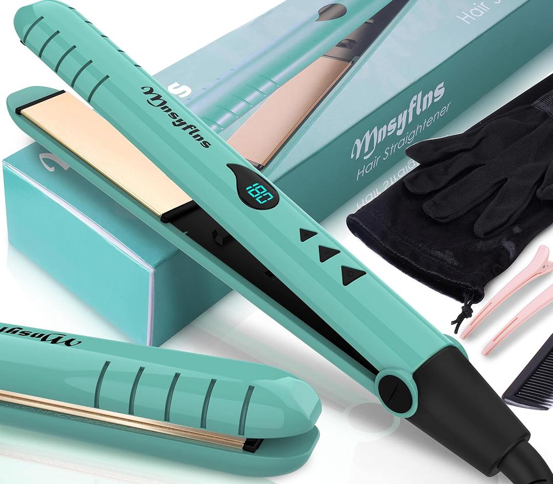 2 in 1 Hair Straightener and Curler-15s Fast Heating Ceramic Flat Iron, LCD Temp Display, Wide Plates for Short/Long Hair, Portable Travel Straightener with Heat-Resistant Glove & Clips,Green