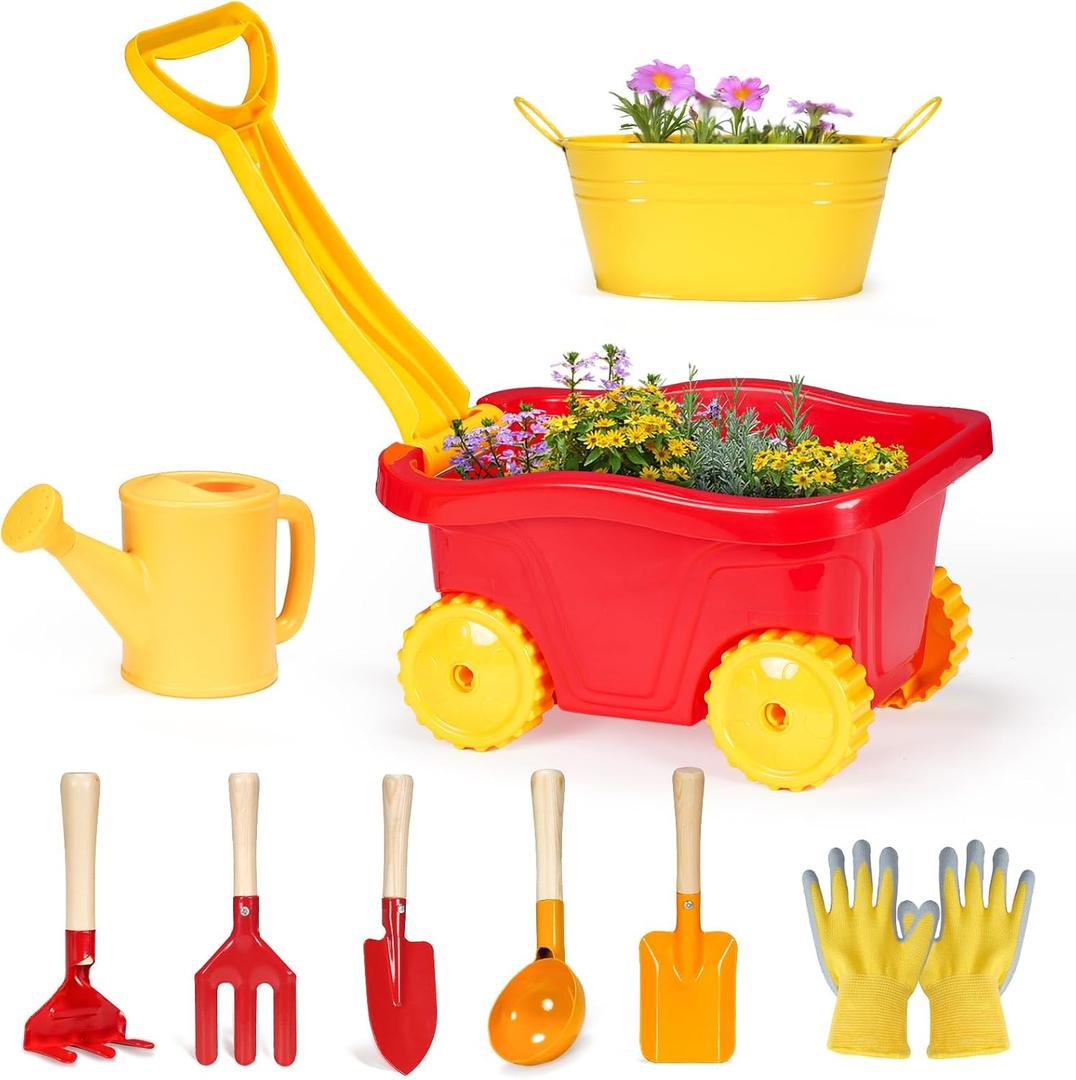 Kids Gardening Tools Set 9 pcs Wheelbarrow Set for Toddler with DIY Flowerpot,Watering Can,Shovel,Rake,Beach,Garden,Outdoor Backyard Farm Digging Play Set Toys,3-8 Year Old Boy Girl Gift, child-size