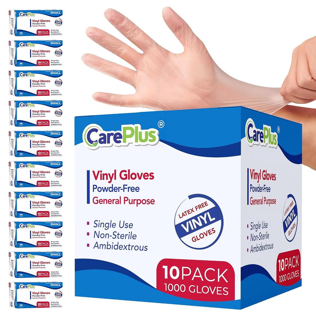 CARE PLUS Vinyl Gloves Clear Small Size 1000 Count | Heavy Duty, Non-Sterile, Powder-Free, Latex-Free Rubber | Food Prep, Kitchen & Cleaning Gloves, Ideal for Professional Use (S)