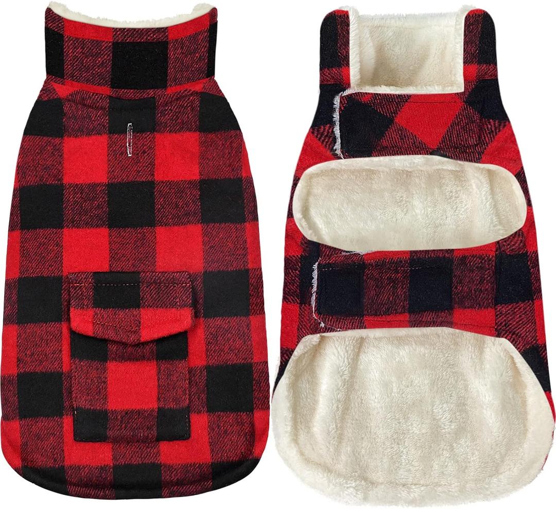 Malier Classic Plaid Fleece Dog Coat - Warm Winter Jacket with Pocket, Windproof for Dogs (Red, X-Large)