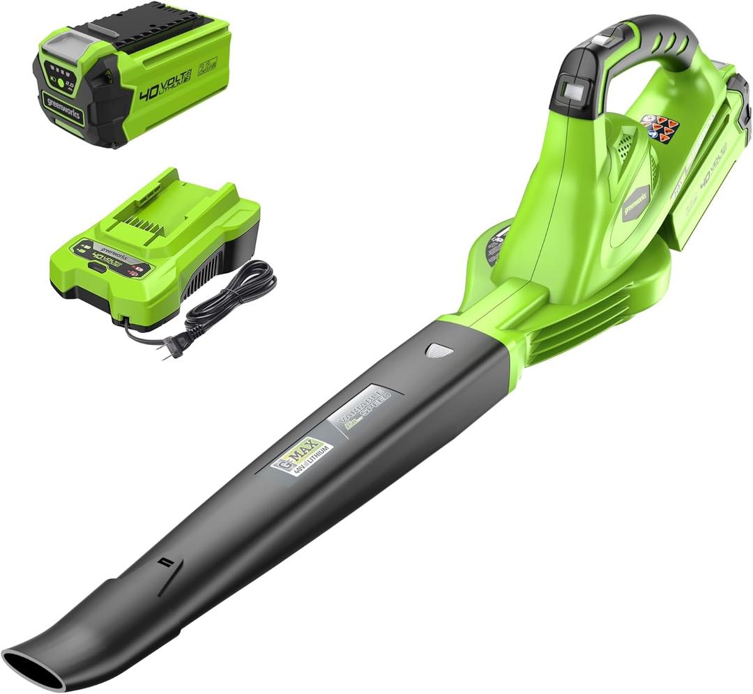 Greenworks 40V Leaf Blower/Sweeper, 150 MPH / 135 CFM, Lightweight, Quiet, with 2.0 Ah Battery and Charger, Perfect for Residential Lawn Care, Leaf Blowing Debris, Dust, Light Snow, and More