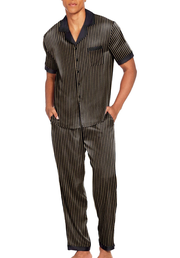 Ekouaer Men Satin Silk Pajamas Set 2 Piece Button Down Sleepwear Long Pants Loungewear with Pockets L