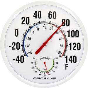 Circrane 13.25 Inch Round Thermometer with Hygrometer, Large Indoor Wall Patio Bimetal Weather Thermometer, No Battery Required, White