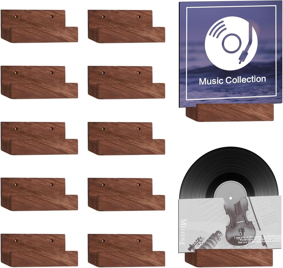 2.68 Inch 10 Pcs Vinyl Record Holder Wall Mount Floating Wooden Album Record Holder Wall Record Holder Vinyl Record Shelves Record for Displaying Daily LP CD Listening Vintage Home Decor (Brown)