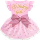Dog Birthday Girl Dress Ruffle Dog Dress with Sparkly Pink Bowknot Tulle Birthday Princess Pet Clothes for Small Dogs Girls Boys Cats Outfit Apparel (XXS (Back: 7.9",Chest: 11"-12"))
