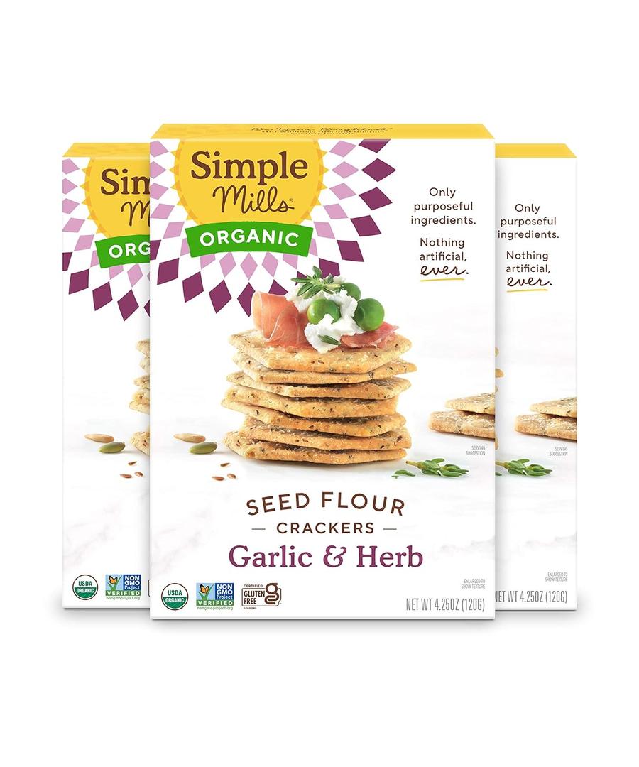 Simple Mills Organic Seed Crackers, Garlic & Herb, Gluten Free, Flax Seed, Sunflower Seeds, Corn Free, Low-Calorie Snacks, Plant Based, Nutrient Dense, 4.25oz, 3 Count (EXP 11/19/25)