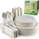 250 Piece Biodegradable Paper Plates Set (EXTRA LONG UTENSILS), Disposable Dinnerware Set, Eco Friendly Compostable Plates & Utensil include Plates, Forks, Knives and Spoons for Party