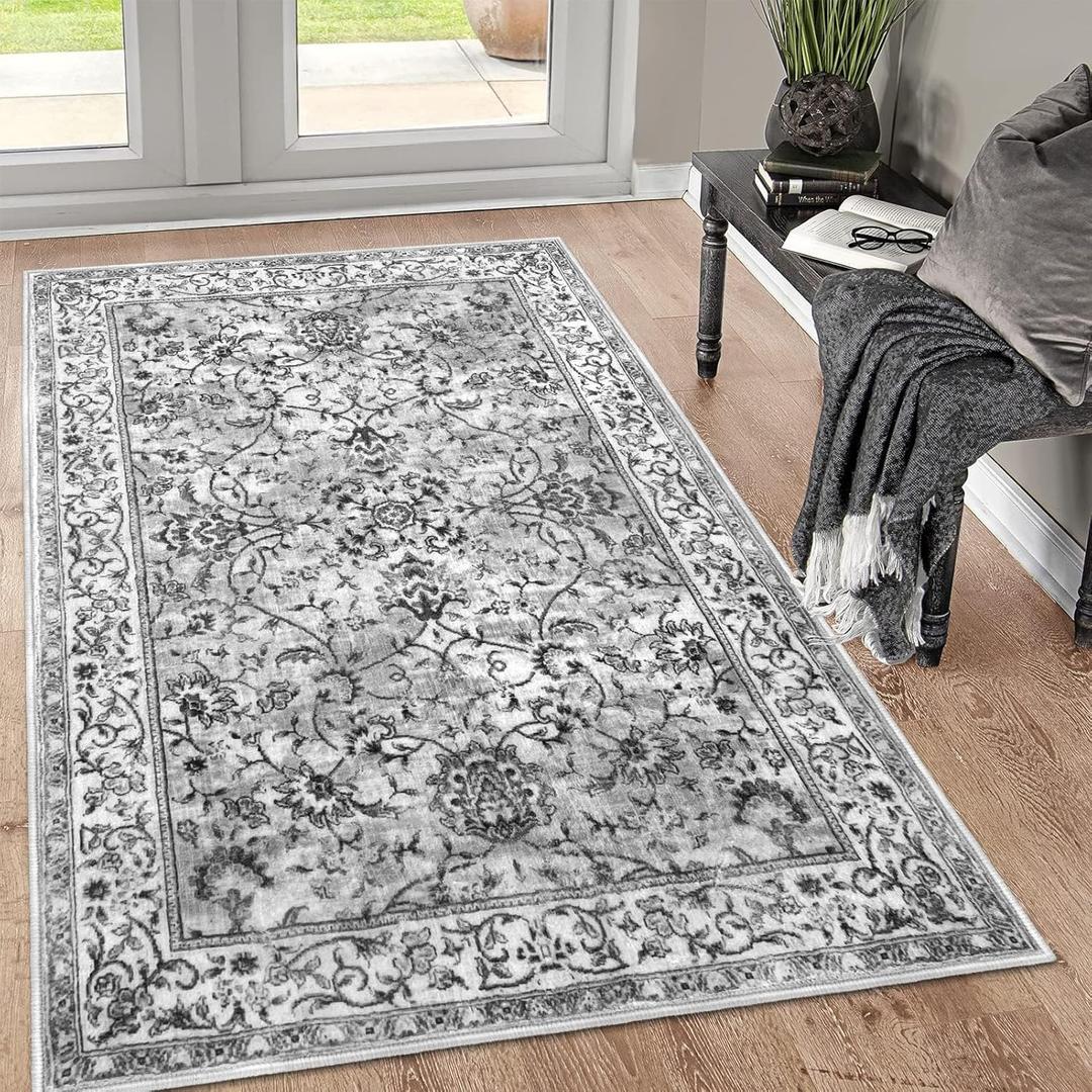 KILOCOCO Area Rug 3x5 Entry Rug Washable Rugs Printed Vintage Floral Rubber Backed Non Slip Soft Indoor Kitchen Rugs for Laundry Room Playroom Moroccan Carpet, Light Gray White