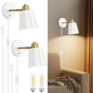 Lomoky Dimmable Wall Sconces Set of 2, Adjustable Angle Wall Lights with Plug in Cord and Dimmer On/Off Knob Switch, Hardwired Indoor White Wall Lamp for Bedside Bedroom Bathroom (2 Bulbs Included)