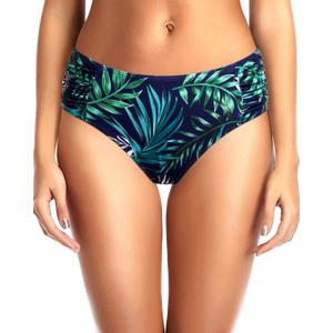 Tempt Me Women Bikini Bottoms Mid Waist Bathing Suit Swimsuit Ruched Swim Bottom (Large, Green Leaves)