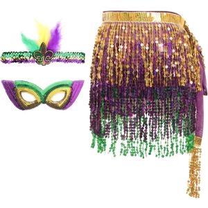 3Pcs Mardi Gras Costume Accessories Set Mardi Gras Outfits Sequin Tassel Skirt Faux Belly Dance Skirt Feather Headband Sequin Mask for Women Girls Carnival Halloween Party