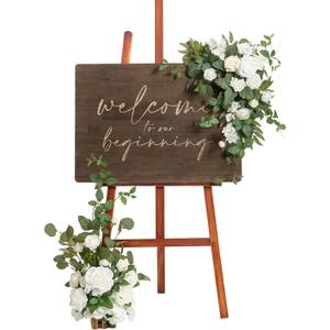 Ling's moment Wedding Welcome Sign Floral Swag 17.5" Tall Standing Artificial Flowers Backdrop Garland White Green Ceremony Reception Wall Easel Home Entryway Board Table Decorations NOT Include Sign
