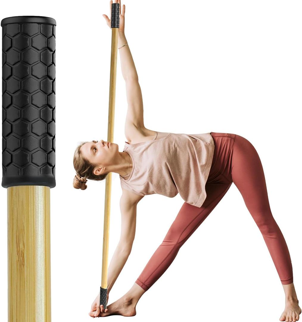 5ft Yoga Stick from Natural Bamboo - Non-Slip Handle Stretching Stick for Mobility,Versatile Exercise Tool with Flexibility,Stretch Bar for All Fitness Levels,Rehabilitation,and Posture (Wood)