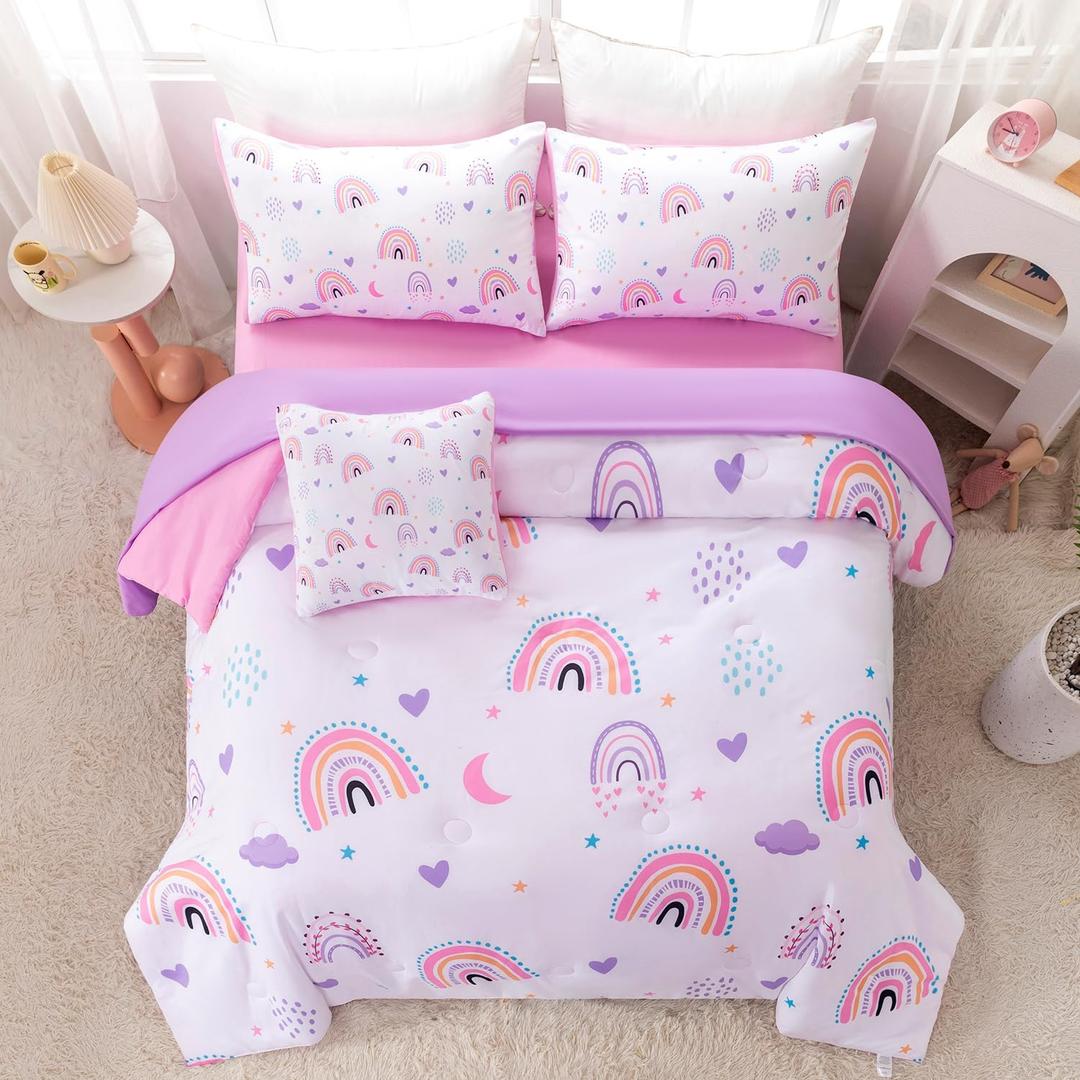 Full Size Bedding Sets for Girls 6Pcs Pink Purple Rainbow Kids Comforter Set with Sheets Moon Heart Print on White Teen Girl Bed in A Bag (Rainbow, Full)