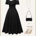 Bbonlinedress Womens Off The Shoulder Cocktail Dress, Formal Wedding Guest Prom Party Homecoming Graduation A-line Midi Dress (Black, L)