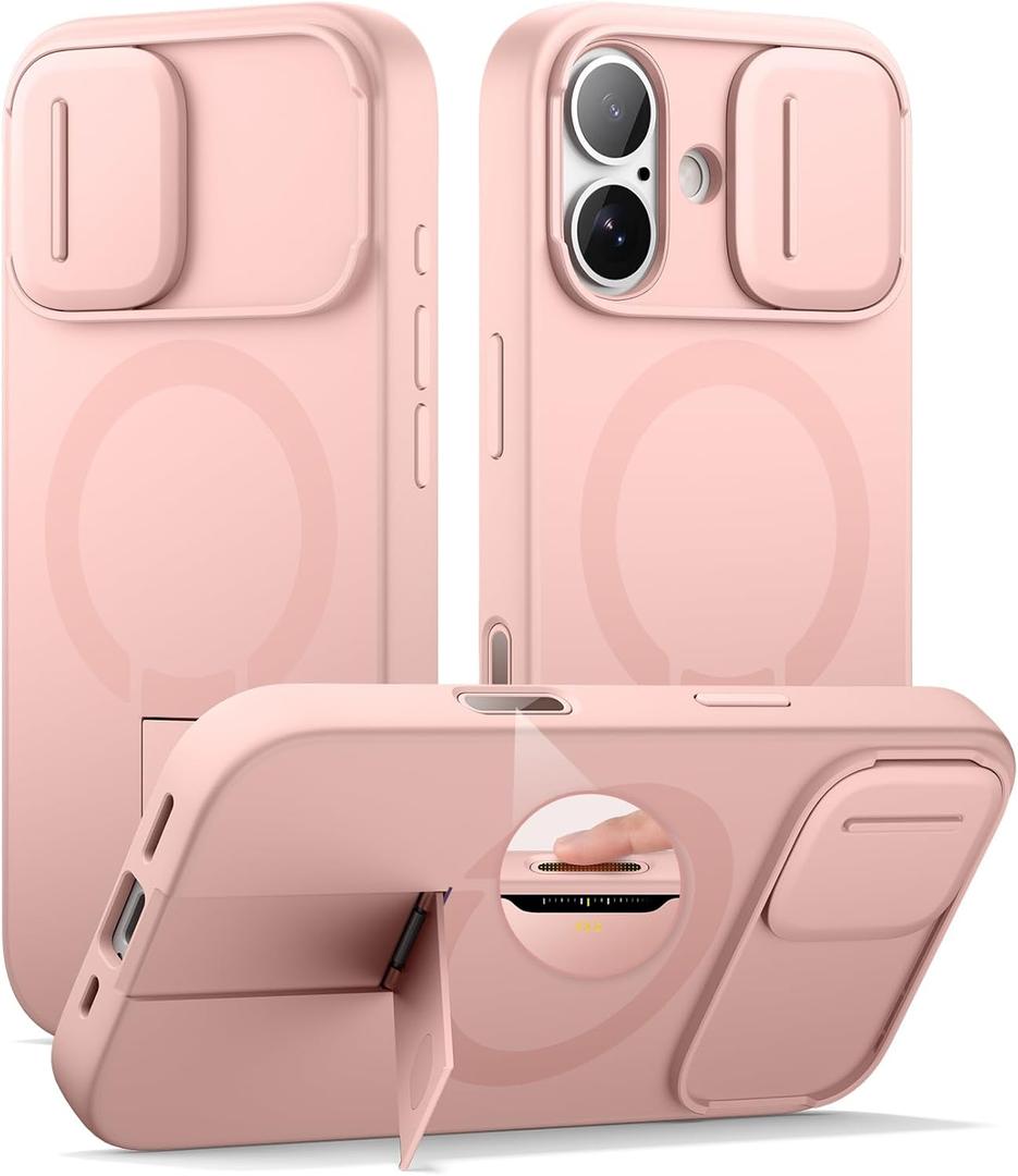 SURITCH for iPhone 17 Case with Camera Control Cover, Camera Slide Cover and Adjustable Kickstand, Compatible with MagSafe, Shockproof Bumper Protective Cases 6.3 Inch, Pink