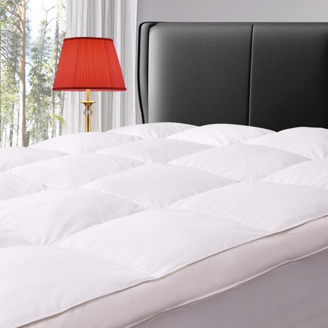 ELEMUSE King Size Extra Thick Fusion Goose Down Feather Filled Mattress Topper, Plush Fluffy Double Layer Pillowtop Mattress Pad Cover, Soft Featherbed with 8-21 Inch Deep Pocket