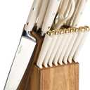 Martha Stewart 16 Piece Lockton High Carbon Stainless Steel Cutlery Kitchen Knife Block Set W/ABS Tripe Riveted Forged Handle Acacia Wood Block - Linen White W/Gold