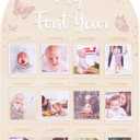YOUAME My First Year Birthday Wooden Photo Board - Butterfly Themed First Year Milestone Photo Board, 12 Months Baby Girl Birthday Picture Wood Frame, Girls Pink Birthday Party Decorations
