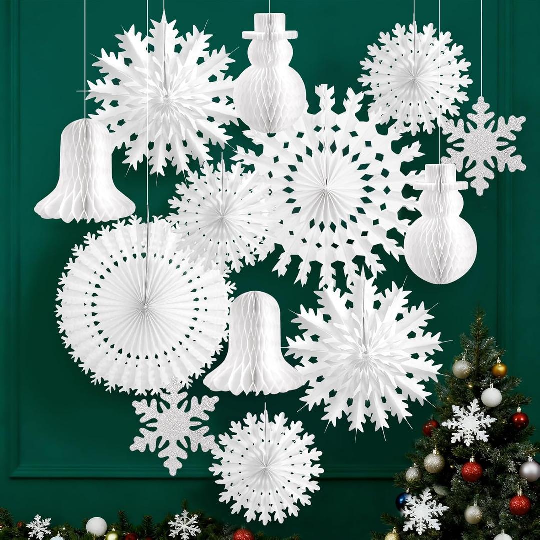 13PCS White Paper Snowflake Decorations Snowflakes Hanging Decoration Christmas Honeycomb Decorations with Snowflake/Snowman for Frozen Winter Wonderland Birthday Party Decor