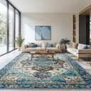 Mueinxiei Washable Vintage Area Rugs 9x12 Large Medallion Pattern Rugs, Non Slip Water Repellent Low Pile Carpet for Living Room Bedroom Dining Room Gemstone Blue