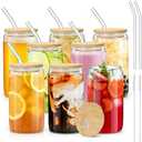 sungwoo 8PCS Glass Cups with Bamboo Lids and Straws, 16OZ Ice Coffee Cup, Drinking Cup set with Wooden Lids, Home Essential Glass Tumblers for Beer, Cocktail, Tea and Latte Clear