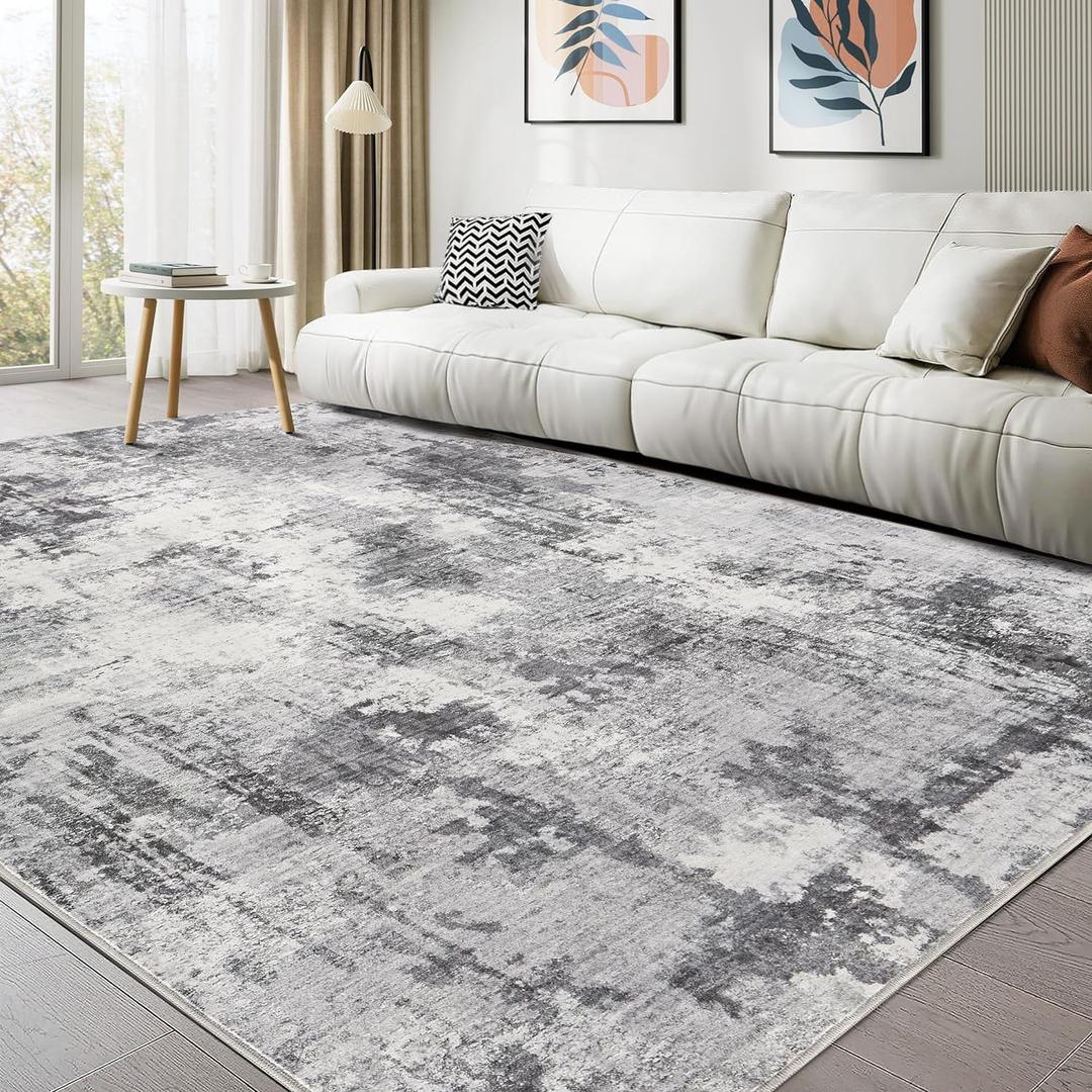 Washable Rug 9x12 Area Rugs for Living Room: Modern Abstract Neutral Soft Carpet for Bedroom Dining Room Under Kitchen Table Home Office Decor - Grey