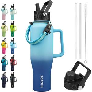 BJPKPK Insulated Water Bottles with Straw Lid, 40oz Metal Water Bottle with 2 lids & Paracord Strap, Double Wall Stainless Steel Tumbler with Handle, Reusable Cups, Mugs, Thermo, Sky