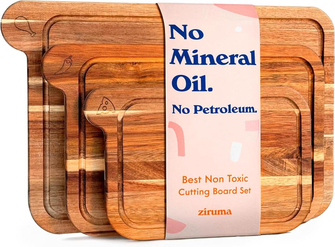 Non Toxic Cutting Boards - Cutting Board Set Free of Mineral Oil, Made of FSC Acacia Wood - Cutting Boards for Kitchen - Includes 3 Chopping Boards. By Ziruma