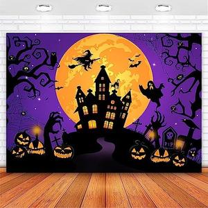 Avezano Halloween Backdrop Horror Moon Night Halloween Backdrops for Parties Haunted Castle Scary Pumpkin Witch Full Moon Photography Background, Purple 10 x 7 ft
