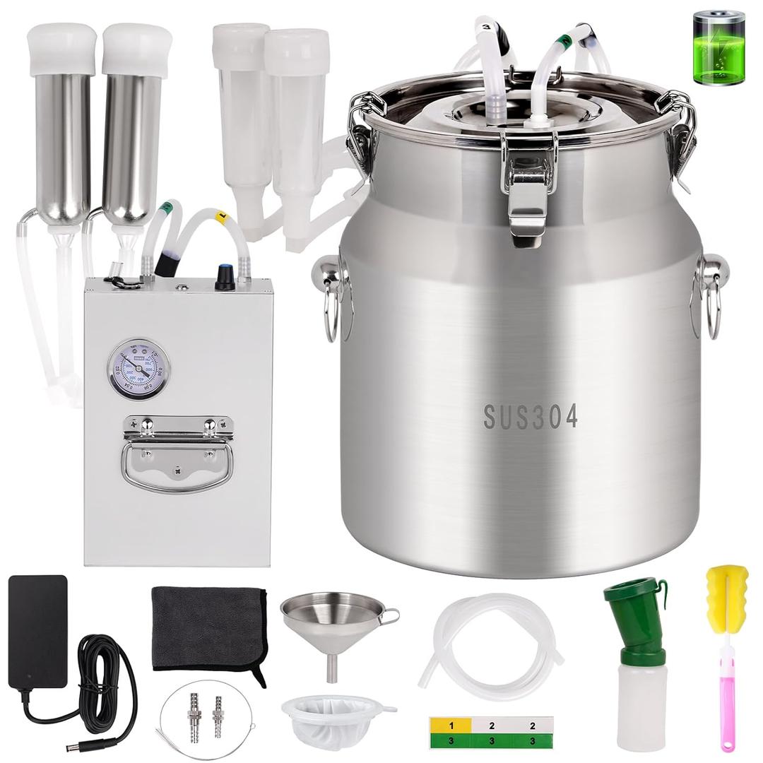 8L Cow/Goat Two-in-One Rechargeable Electric Milker, Goat Milker Machine, Cow Milking Machine, The Latest Pulsation Vacuum Pump with Pressure Gauge, 304 Stainless Steel Bucket (Rechargeable)