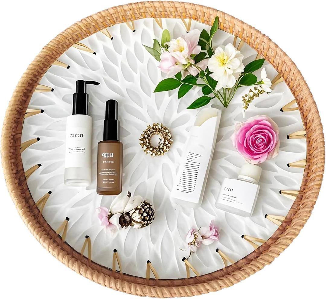 i-lan 12" Round Mother of Pearl Inlay Rattan Display, Rattan Coffee Bread Serving Tray with Mother of Pear Inlay Wooden Base,Decorative Wicker Basket for Table Decor,Storage of Fruit,Candy