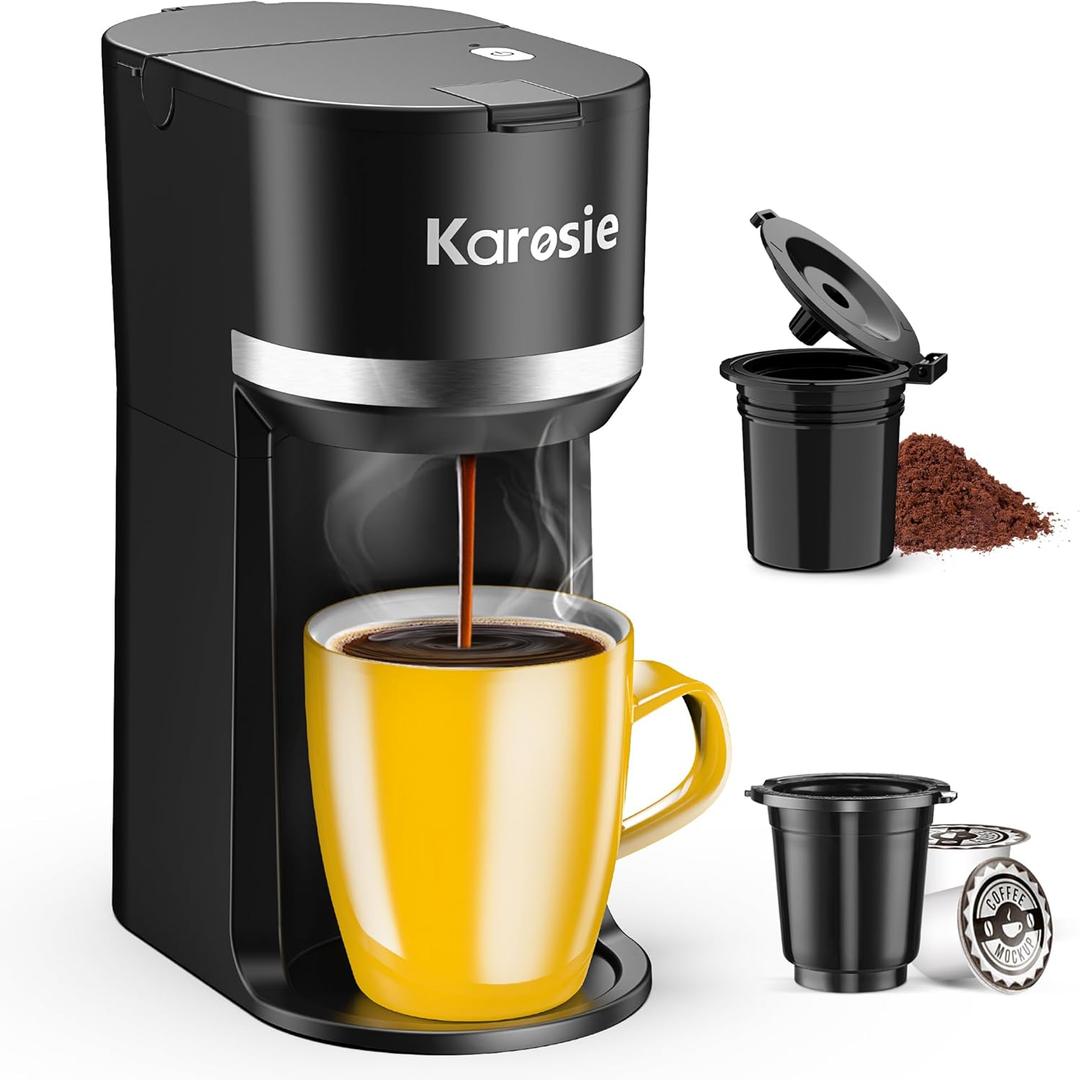 Single Serve Coffee Maker for K-Cup and Ground Coffee, Fast Brew, 6-12 oz Brew Sizes One Cup Coffee Machine Fits 5.5" Mugs, One-Button Small Coffee Maker with Descaling Reminder,Black (9.45 Inches)