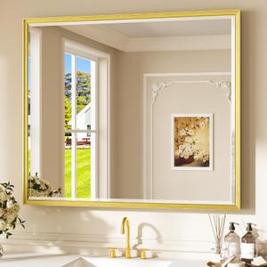 Keonjinn 42 x 36 Inch Gold Bathroom Mirror, Tempered Glass Vanity Mirror
Brushed Finish, Brass Vanity Mirror, Anti-Rust Aluminum Frame, Rounded Rectangle, French Cleat Mount, Ideal for Home Décor