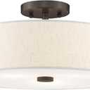 Livex Lighting 52135-92 Meridian Collection 3-Light Semi Flush Mount Ceiling Fixture with Oatmeal Color Fabric Hardback Drum Shade and Satin White Diffuser, English Bronze