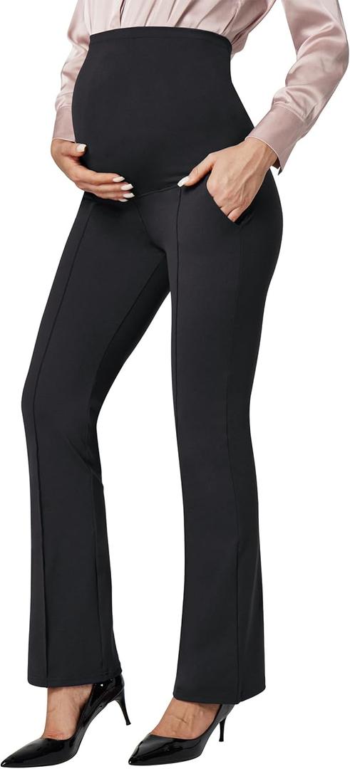 IUGA Soft Maternity Pants Over The Belly with Pockets Stretchy Maternity Clothes for Work Pregnancy Flare Maternity Leggings (Medium, Black)