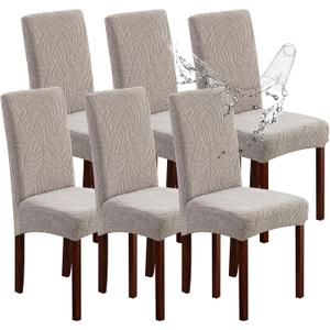 Genina 100% Waterproof Chair Covers for Dining Room Set of 6, Large Dining Room Chair Covers Protectors Stretch Kitchen Parson Chair Slipcovers for Home, Restaurant (Large, Leaves-Warm Gray)