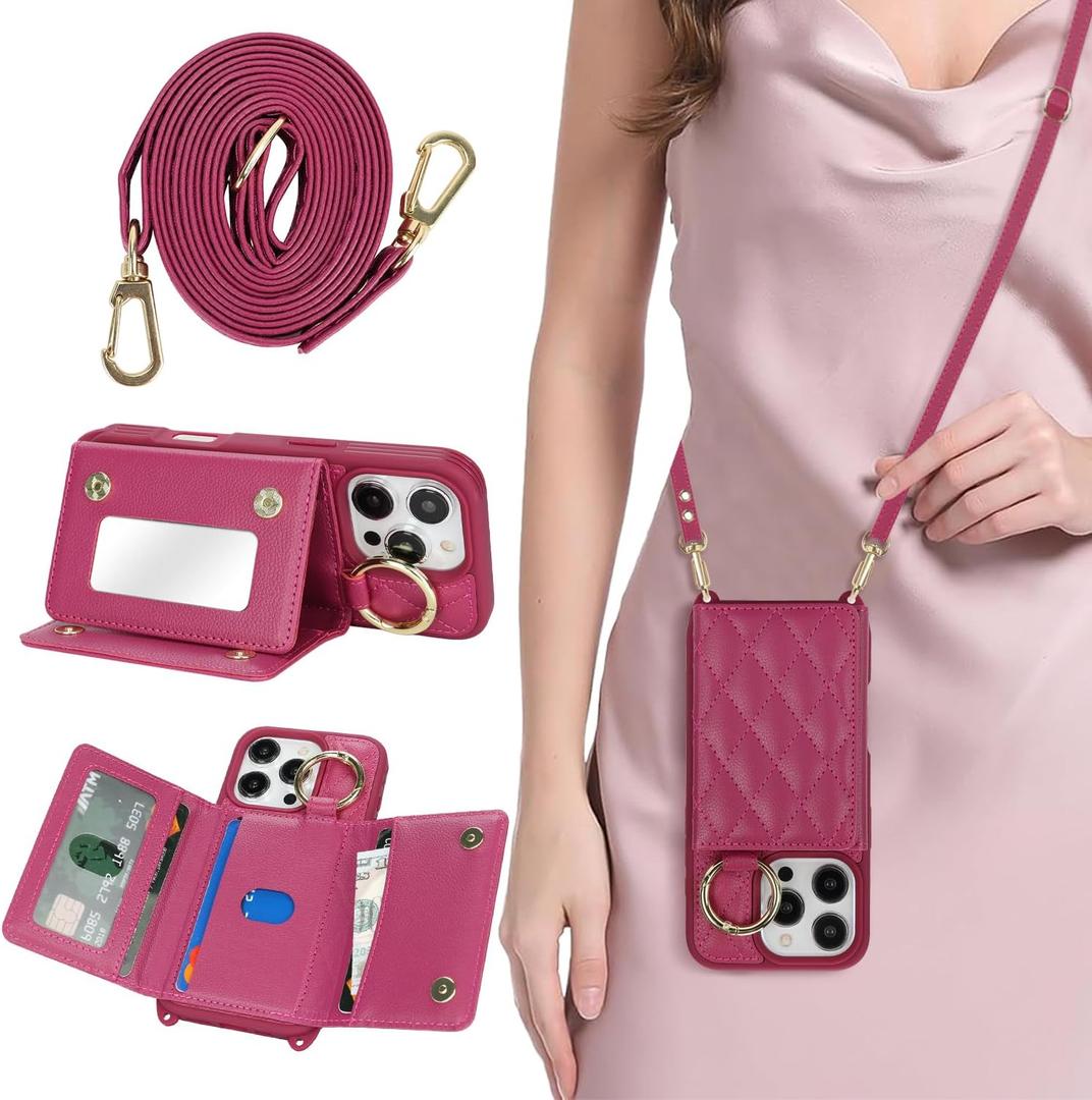 for iPhone 16 Pro Case with Card Holder and Strap for Women,Crossbody Lanyard, Make Up Mirror,Ring Stand,Snap Clasp,Cute Phone Wallet Cases 6.3 inch - Rose red