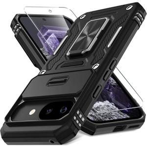 2 x DEERLAMN Case for Google Pixel 10a with Slide Camera Cover+Screen Protector (1 Pack), Rotated Ring Kickstand Military Grade Shockproof Protective Cover-Black