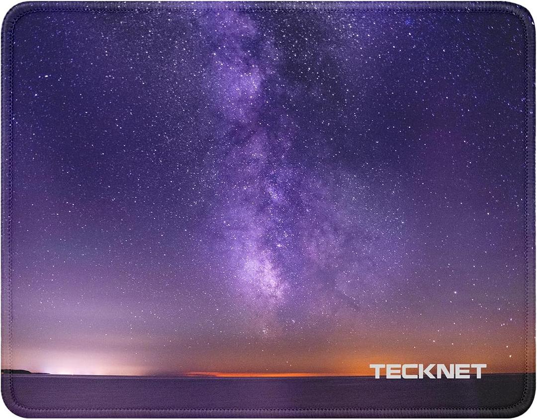 TECKNET Mouse Pad with Anti-fray Stitching, Waterproof Surface & Non-Slip Rubber Base with Stitched Edges Gaming Mouse Mat for LaptopCompatible with Laser and Optical Mice- Dark Purple Galaxy (10.6L x 8.2W inches)