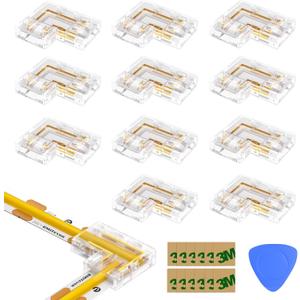 EMITEVER 8mm LED Strip Connectors 12pcs, Led Corner Connector L-Shaped Gapless Connection Solderless Transparent Tape Light Connectors for 2-Pin COB/SMD LED Strip Lights 5V 12V 24V 48V