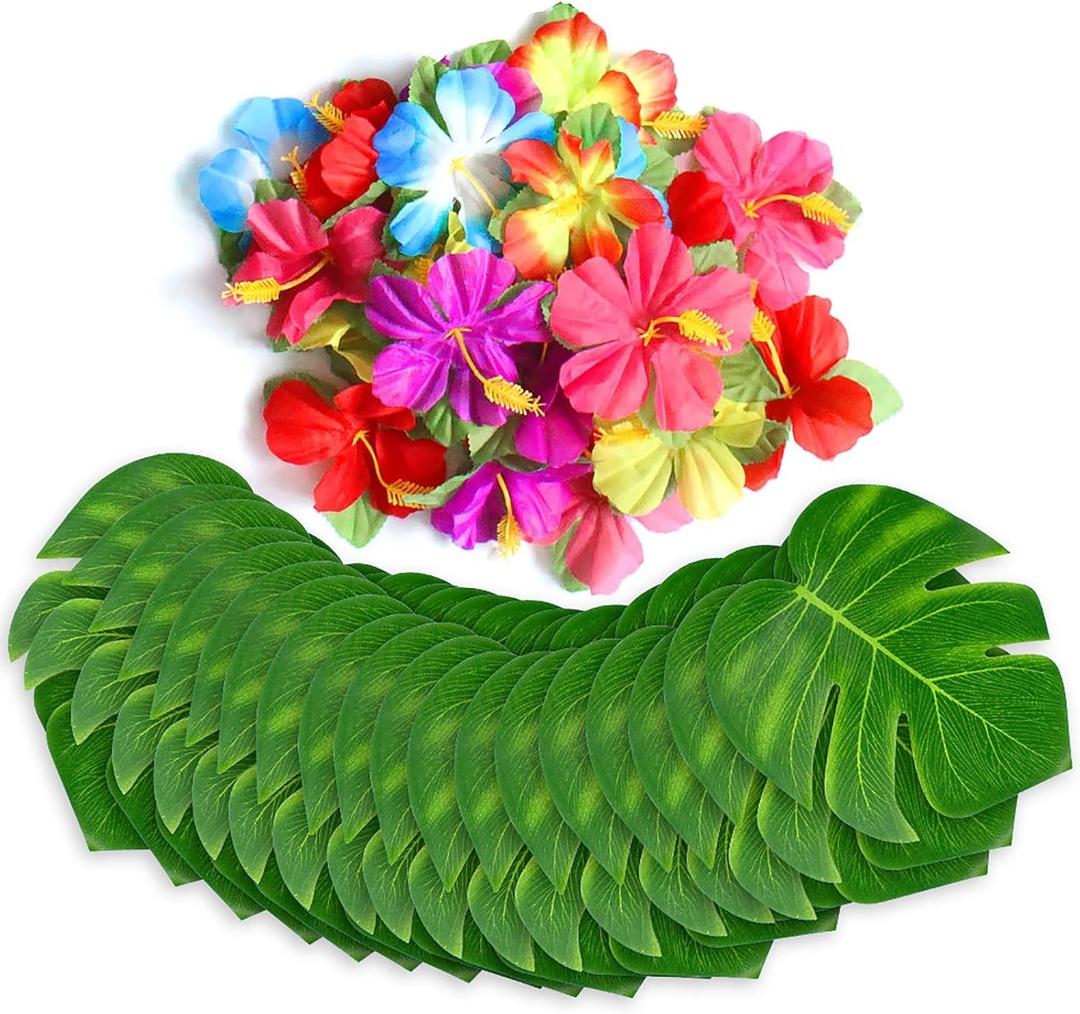 60Pcs Tropical Party Decorations Supplies Tropical Palm Leaves Hibiscus Flower Simulation Artificial Leaf for Hawaiian Luau Safari Party Jungle Beach Theme BBQ Birthday Parties Decorations Table Decor (Middle)