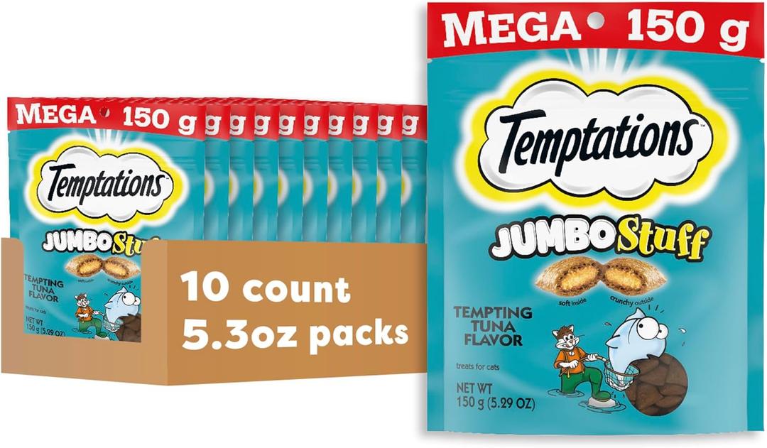 Temptations Jumbo Stuff Crunchy and Soft Cat Treats, Tempting Tuna Flavor, 5.3 oz. Pouch (Pack of 10), BB 11/2025
