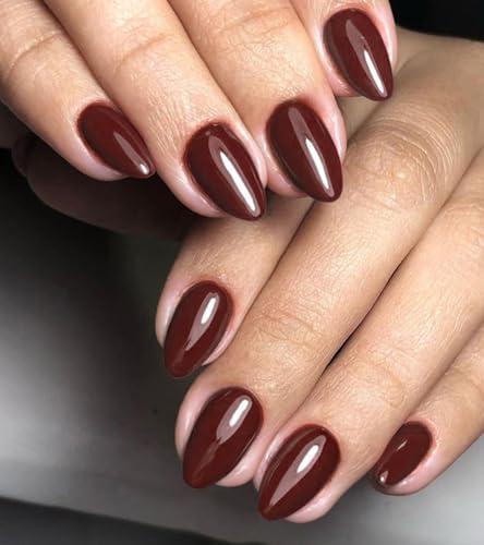 Artquee Press on Nails Short Berry Red Almond False Tips Glossy Reusable Fake Stick on Nails Kit for Women - 30 Pcs 15 Sizes