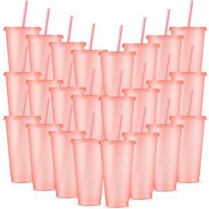 Amyhill 24 Pcs Reusable Cups with Lids and Straws 24 oz Glitter Iced Coffee Tumbler Plastic Travel Mug Cup for Smoothie Juices Birthday Sleepover Party Supplies for Girls(Light Pink)