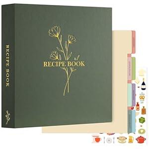 Lanpn Recipe Binder - 8.5x11, Waterproof, 60 Sleeves, 8 Dividers, 116 Family Recipes, Labels & Stickers, Green